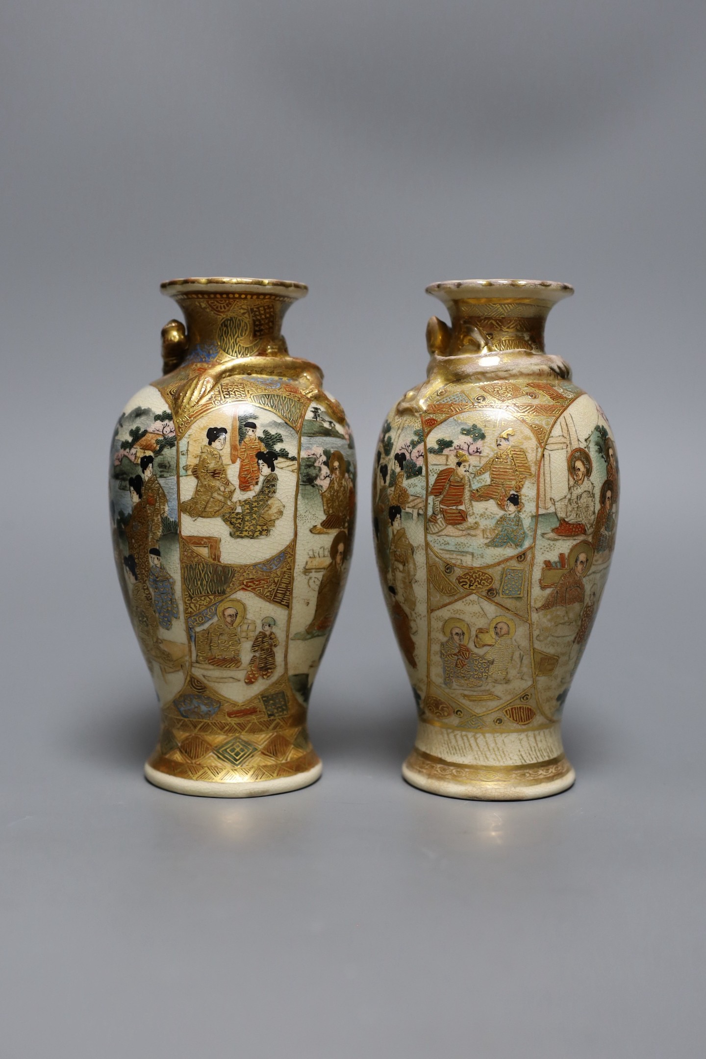 A pair of Japanese Satsuma pottery small vases, Meiji period, 18cms high